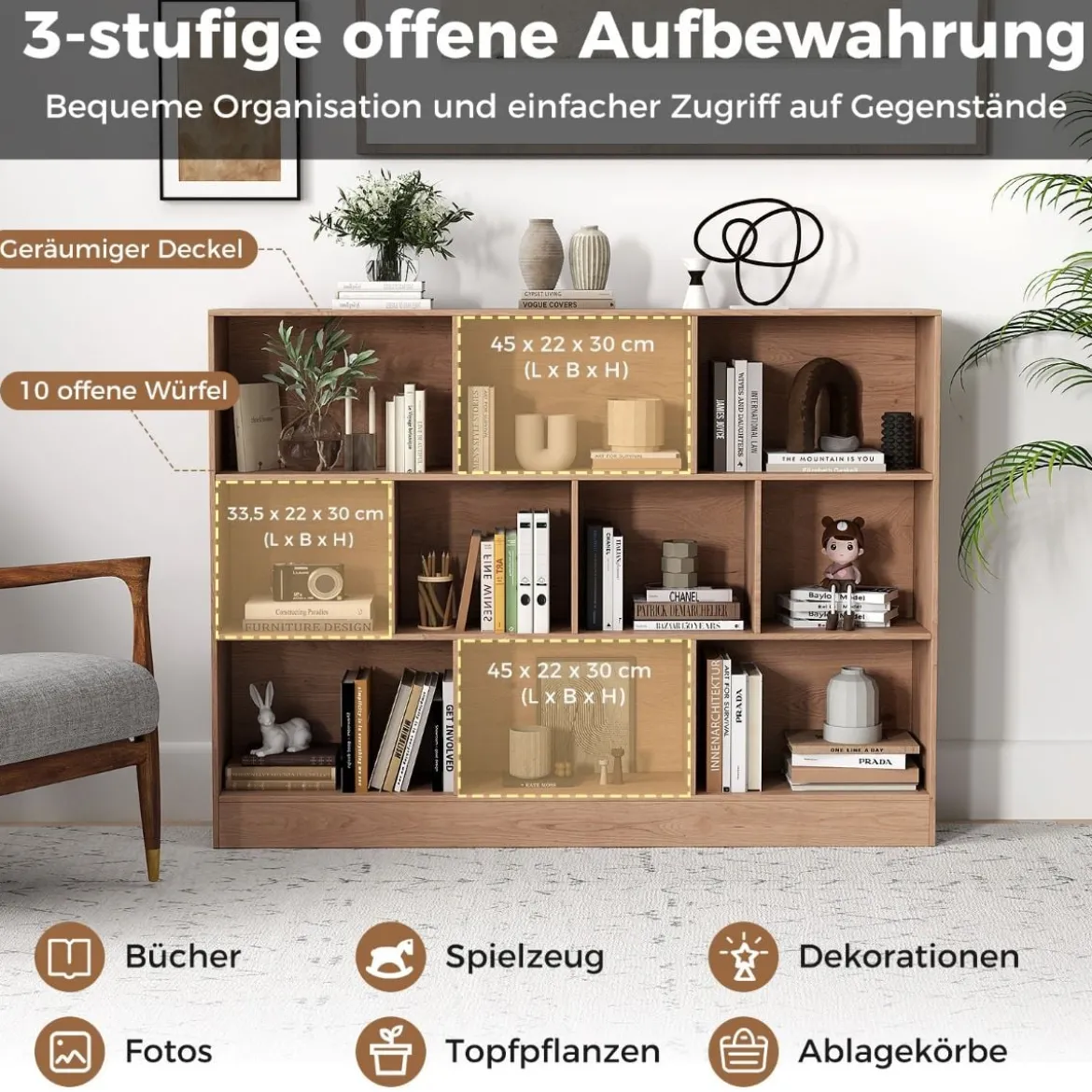 Bücherregal mit 10 Fächern Standregal mit 3 Ebenen Würfelregal Büroregal 140 x 24 x 104 cm Natur/Weiß