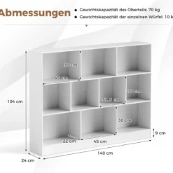 Bücherregal mit 10 Fächern Standregal mit 3 Ebenen Würfelregal Büroregal 140 x 24 x 104 cm Natur/Weiß