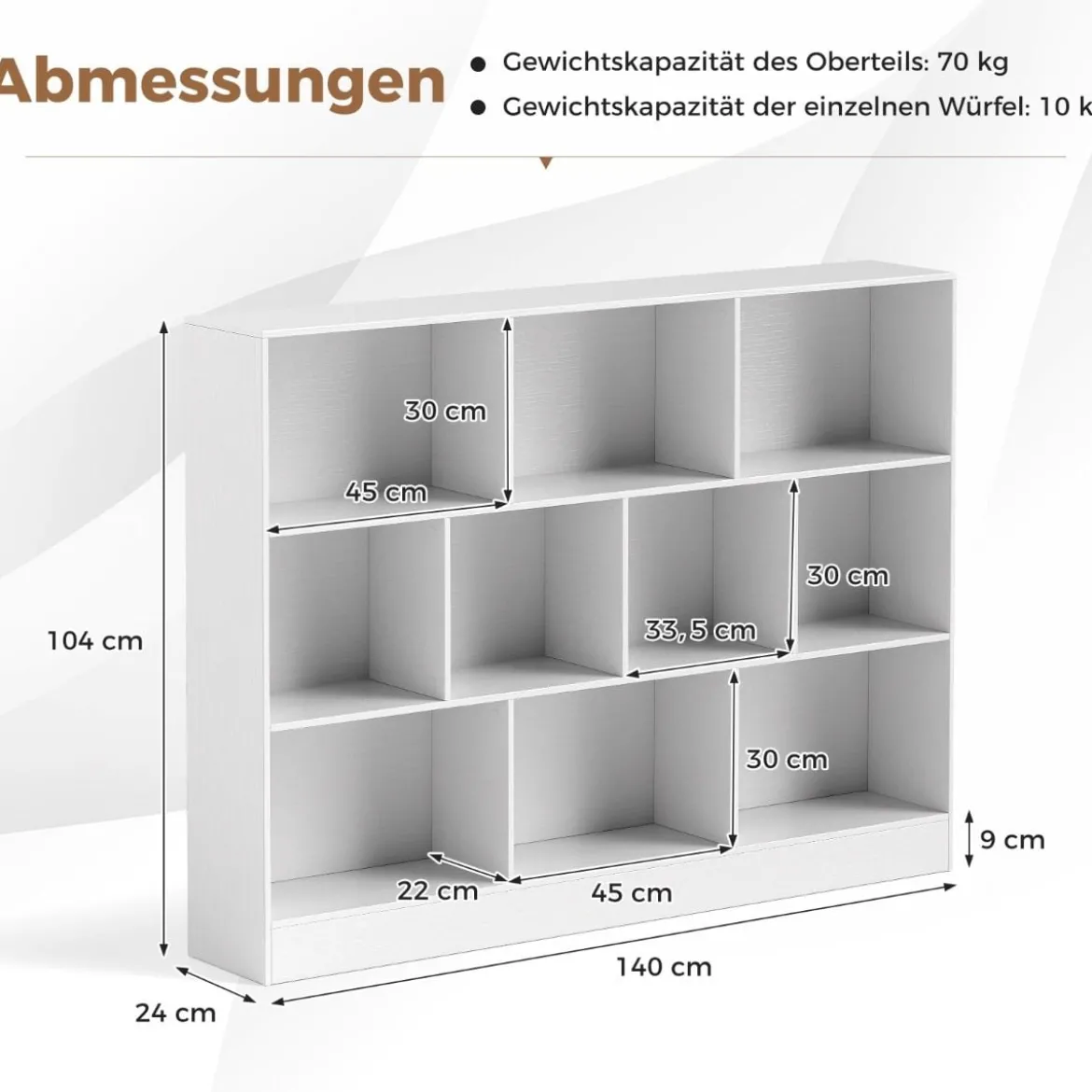 Bücherregal mit 10 Fächern Standregal mit 3 Ebenen Würfelregal Büroregal 140 x 24 x 104 cm Natur/Weiß