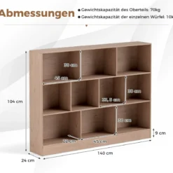 Bücherregal mit 10 Fächern Standregal mit 3 Ebenen Würfelregal Büroregal 140 x 24 x 104 cm Natur/Weiß