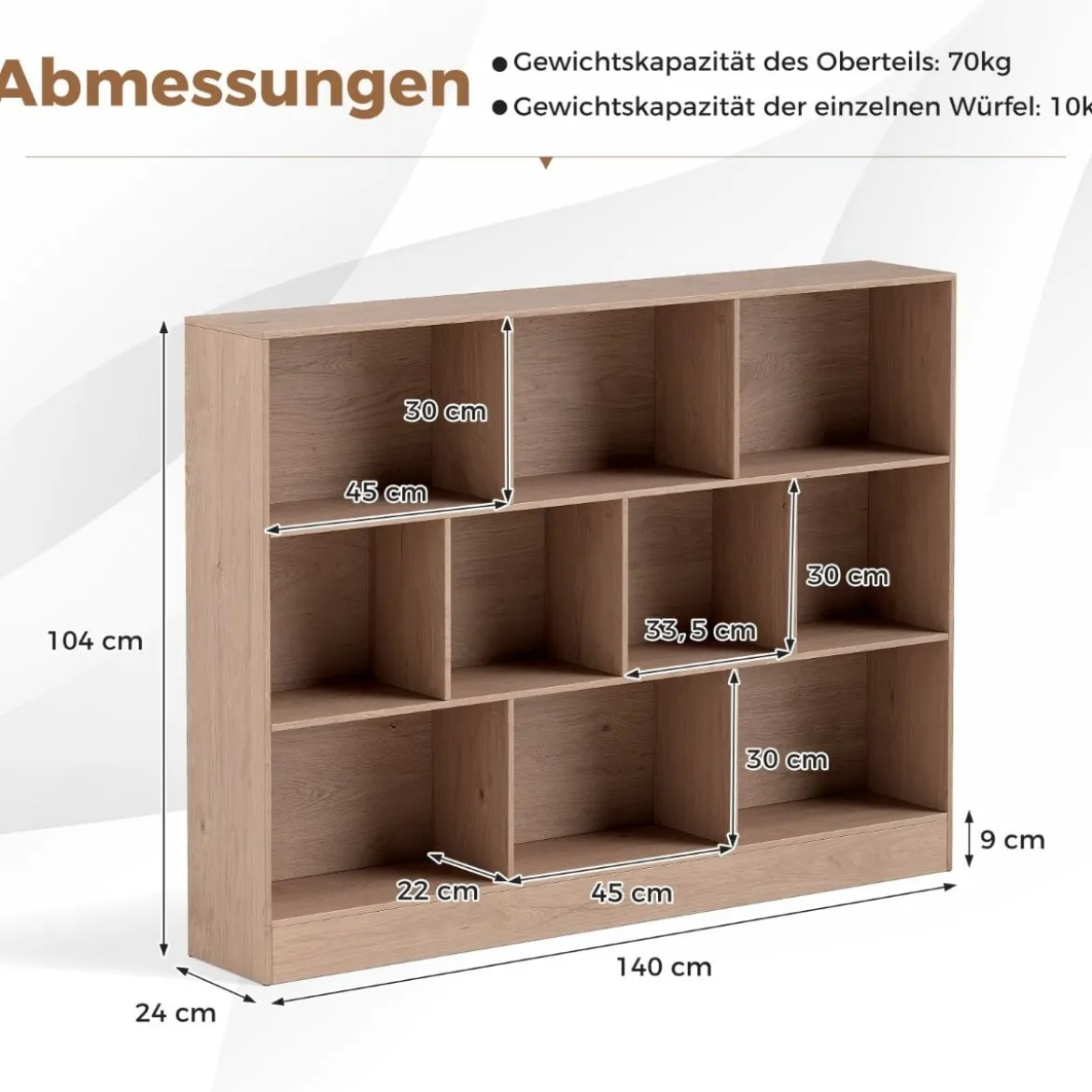 Bücherregal mit 10 Fächern Standregal mit 3 Ebenen Würfelregal Büroregal 140 x 24 x 104 cm Natur/Weiß