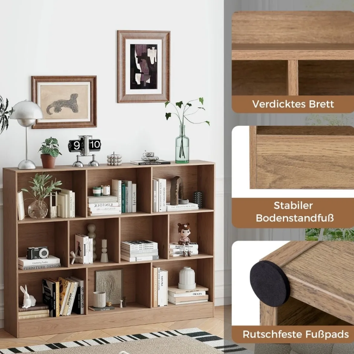 Bücherregal mit 10 Fächern Standregal mit 3 Ebenen Würfelregal Büroregal 140 x 24 x 104 cm Natur/Weiß