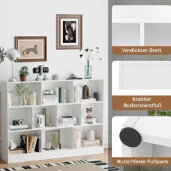 Bücherregal mit 10 Fächern Standregal mit 3 Ebenen Würfelregal Büroregal 140 x 24 x 104 cm Natur/Weiß