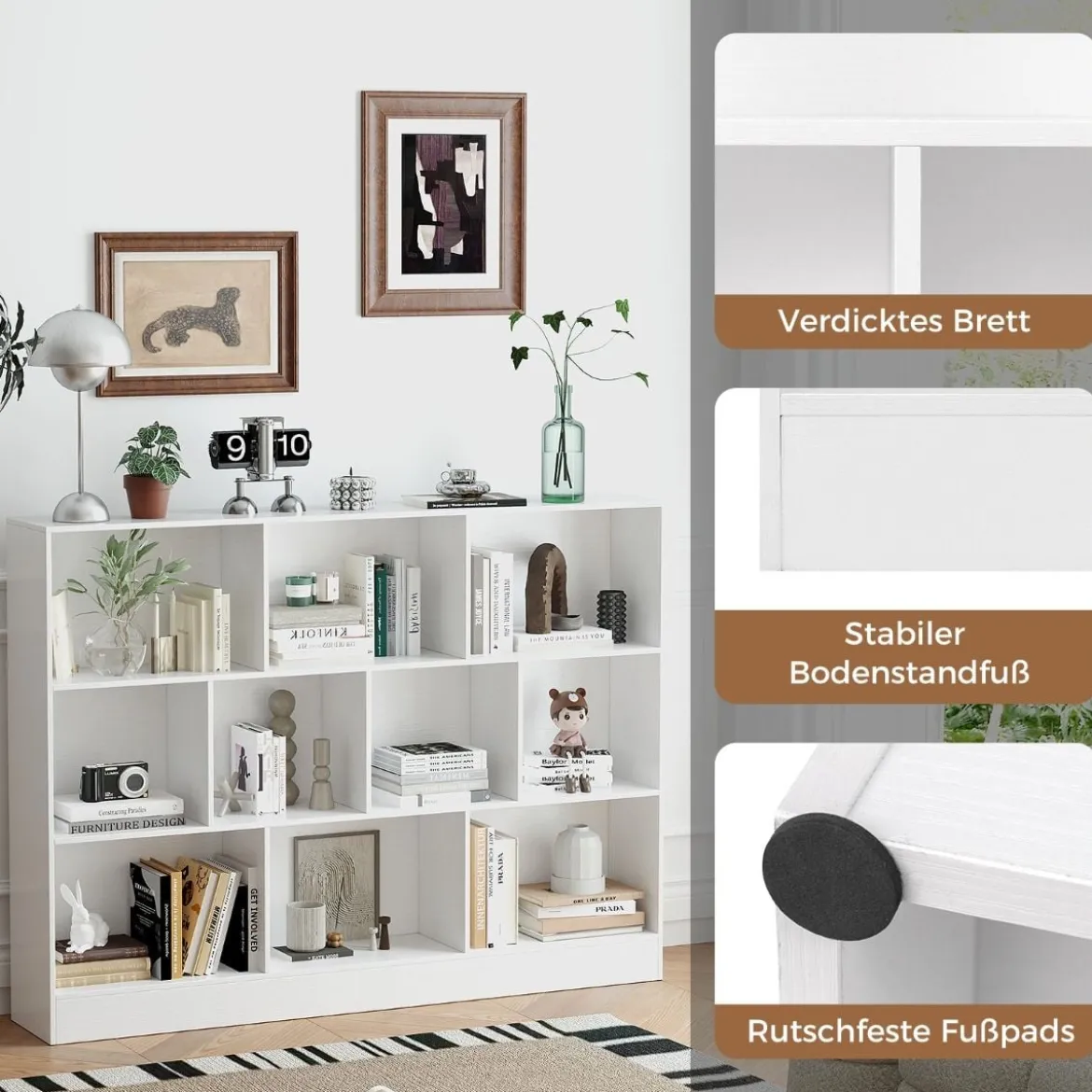 Bücherregal mit 10 Fächern Standregal mit 3 Ebenen Würfelregal Büroregal 140 x 24 x 104 cm Natur/Weiß