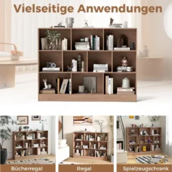 Bücherregal mit 10 Fächern Standregal mit 3 Ebenen Würfelregal Büroregal 140 x 24 x 104 cm Natur/Weiß