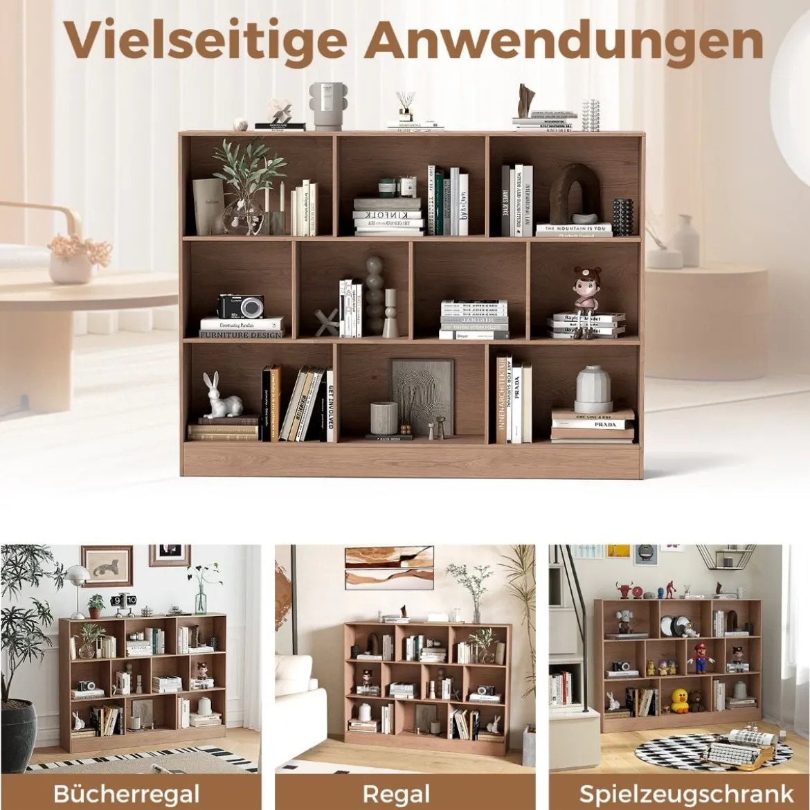 Bücherregal mit 10 Fächern Standregal mit 3 Ebenen Würfelregal Büroregal 140 x 24 x 104 cm Natur/Weiß