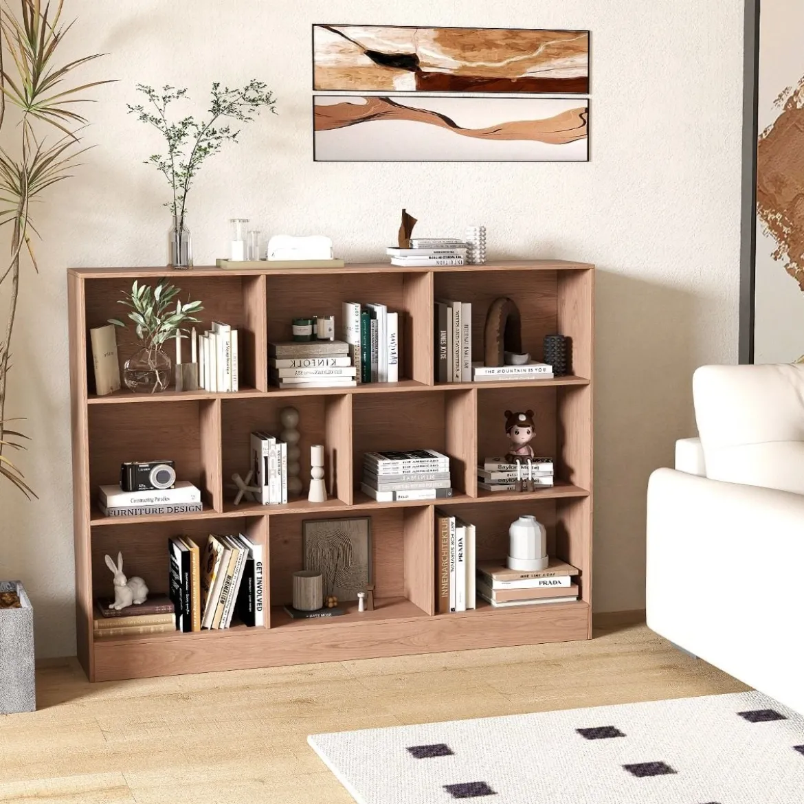 Bücherregal mit 10 Fächern Standregal mit 3 Ebenen Würfelregal Büroregal 140 x 24 x 104 cm Natur/Weiß