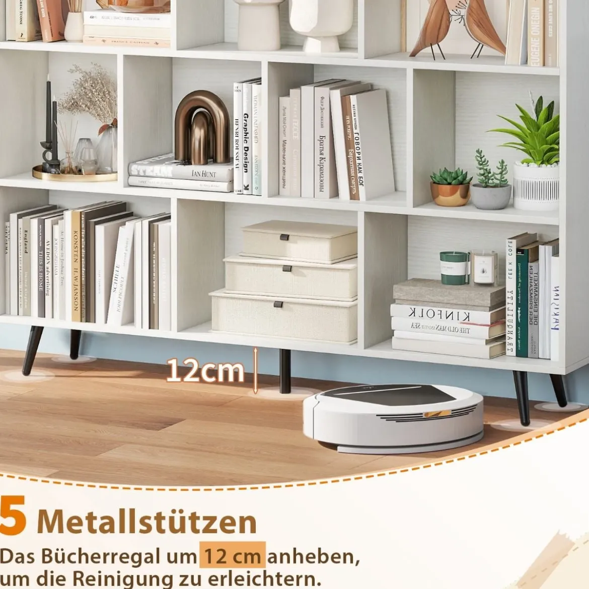 Bücherregal mit Fächern Standregal mit 3 Ebenen & Holzbeine Würfelregal Büroregal 140 cm