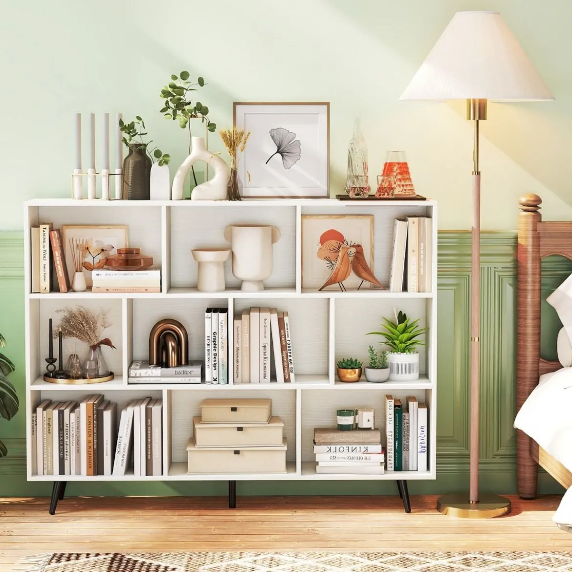 Bücherregal mit Fächern Standregal mit 3 Ebenen & Holzbeine Würfelregal Büroregal 140 cm