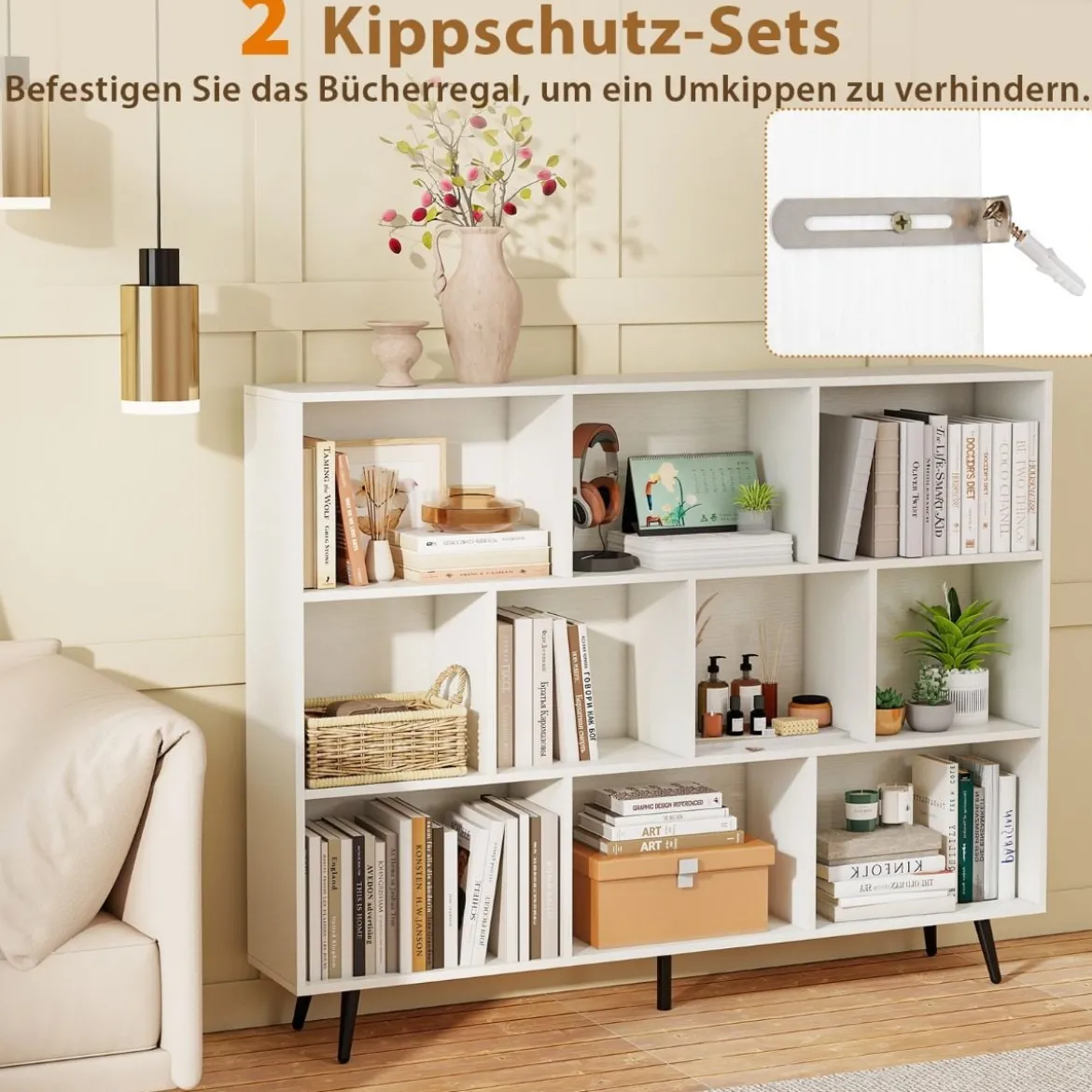 Bücherregal mit Fächern Standregal mit 3 Ebenen & Holzbeine Würfelregal Büroregal 140 cm