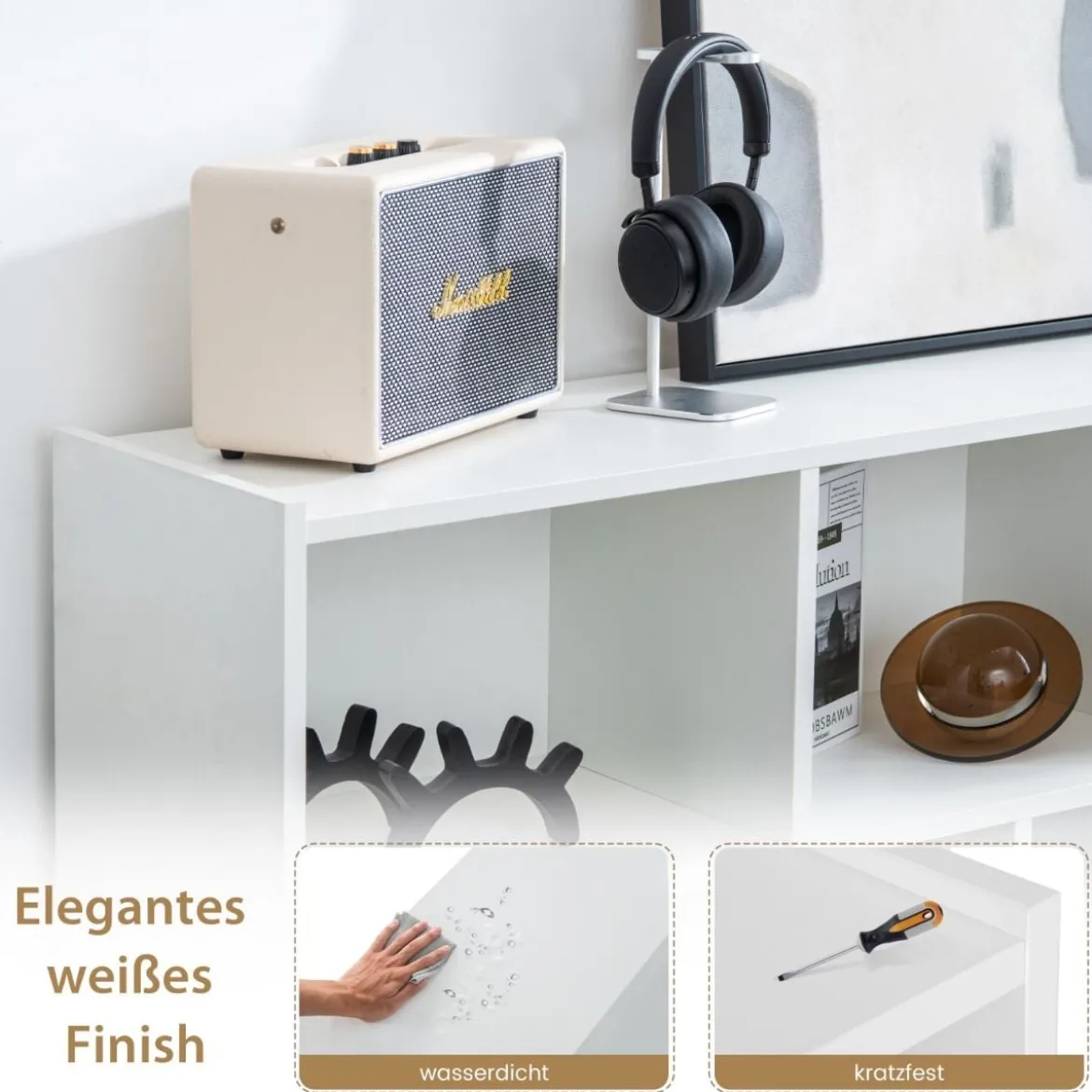 Bücherregal mit 8 Fächern 3-stufiges Standregal für Wohnzimmer 122 x 32 x 93 cm Weiß