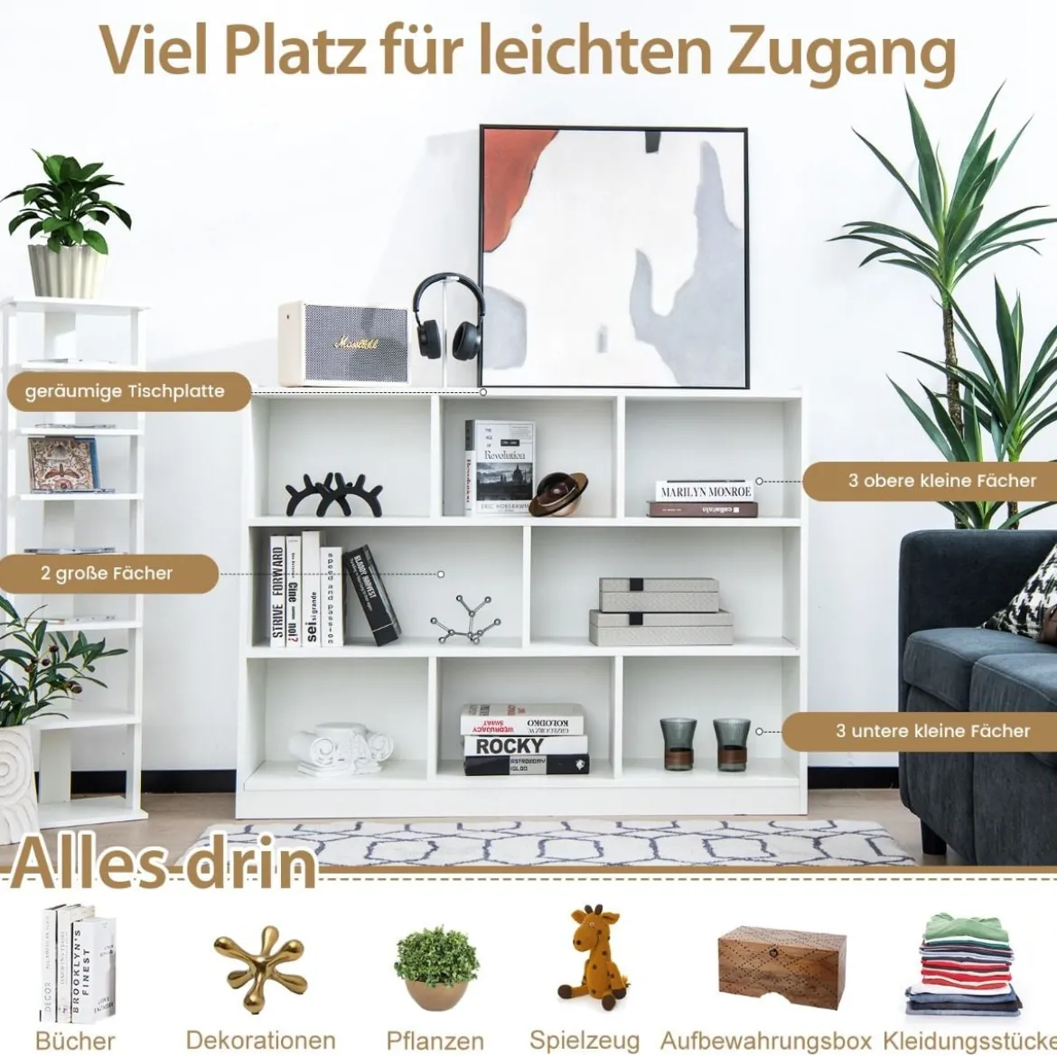 Bücherregal mit 8 Fächern 3-stufiges Standregal für Wohnzimmer 122 x 32 x 93 cm Weiß