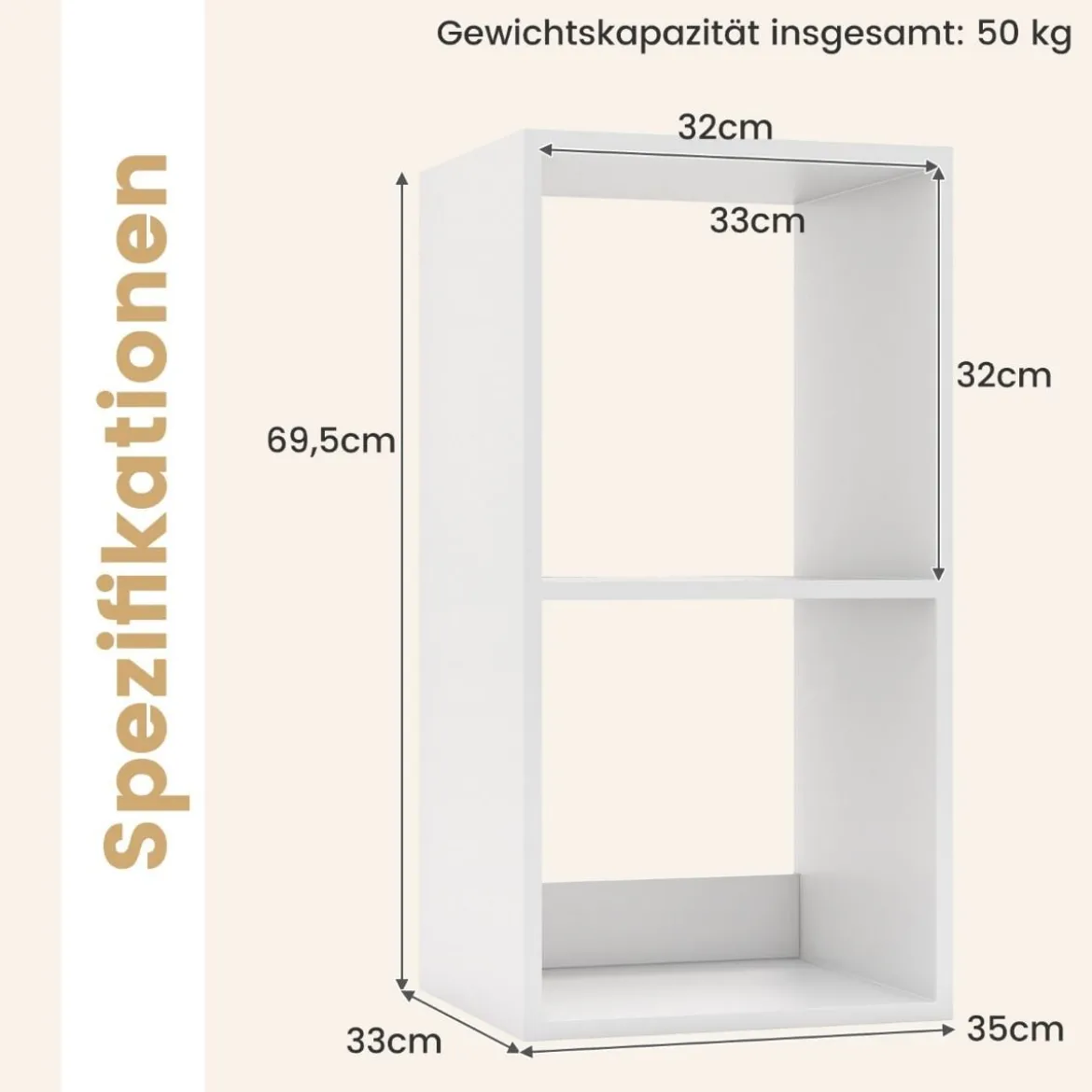 Bücherregal mit 2 Fächern Würfelregal Standregal offenes Regal Aufbewahrungsregal für Wohnzimmer Weiß