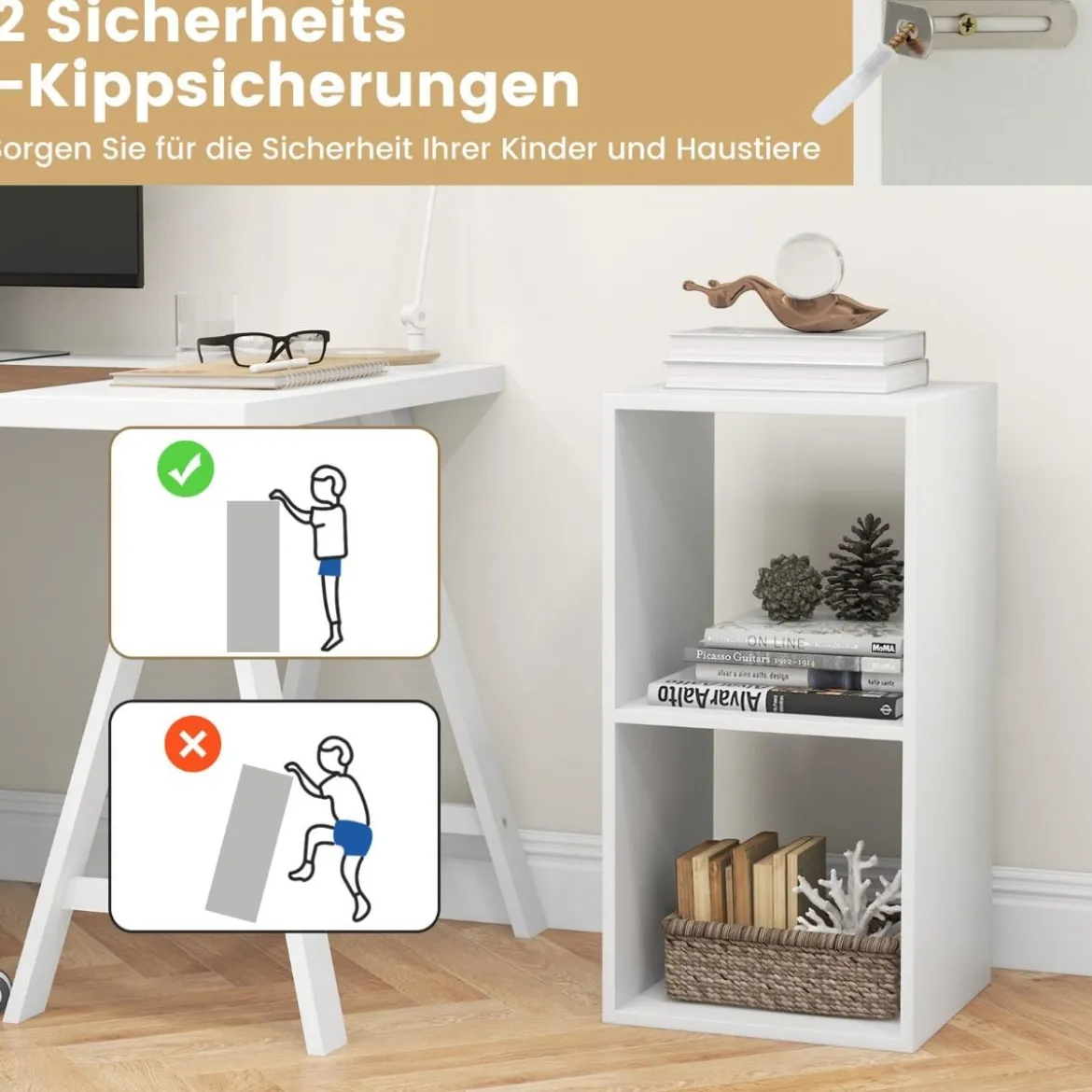 Bücherregal mit 2 Fächern Würfelregal Standregal offenes Regal Aufbewahrungsregal für Wohnzimmer Weiß