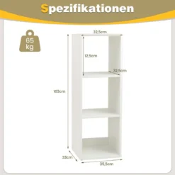 Bücherregal mit 3 Fächern Würfelregal Standregal offenes Regal Weiß 35,5 x 33 x 103 cm