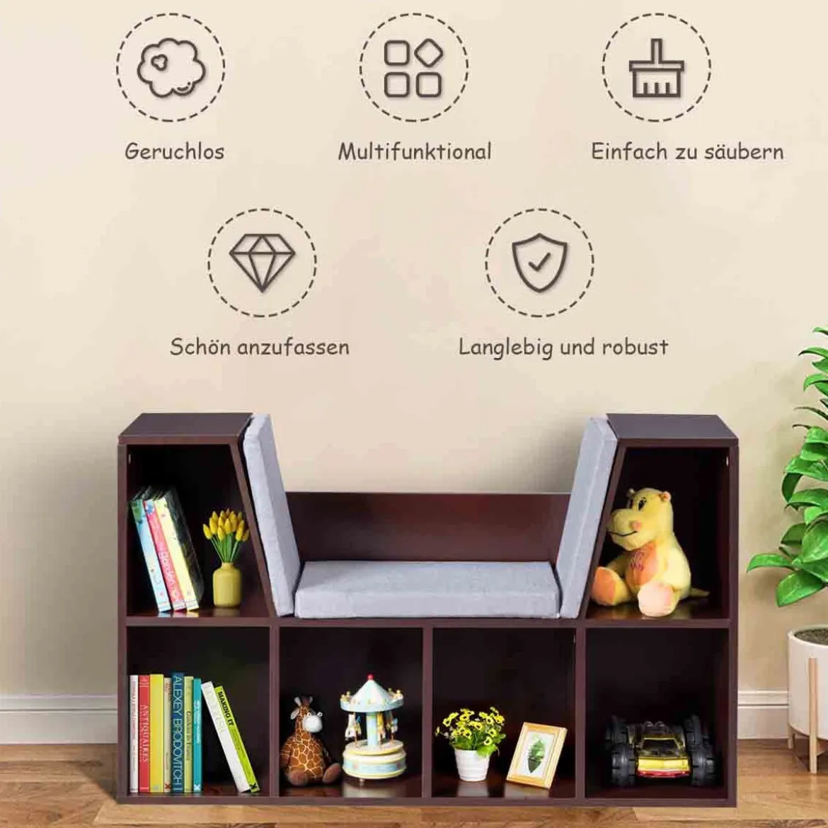 Bücherregal mit Kissen Raumteiler Bücherschrank 6 Fächer 103 x 30 x 63 cm Braun