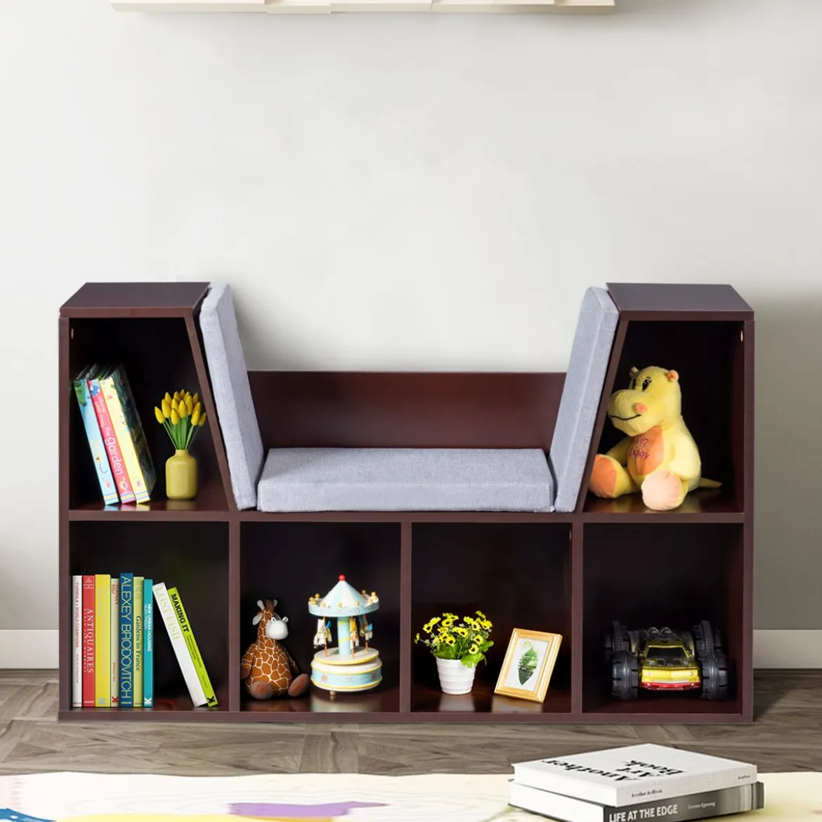 Bücherregal mit Kissen Raumteiler Bücherschrank 6 Fächer 103 x 30 x 63 cm Braun