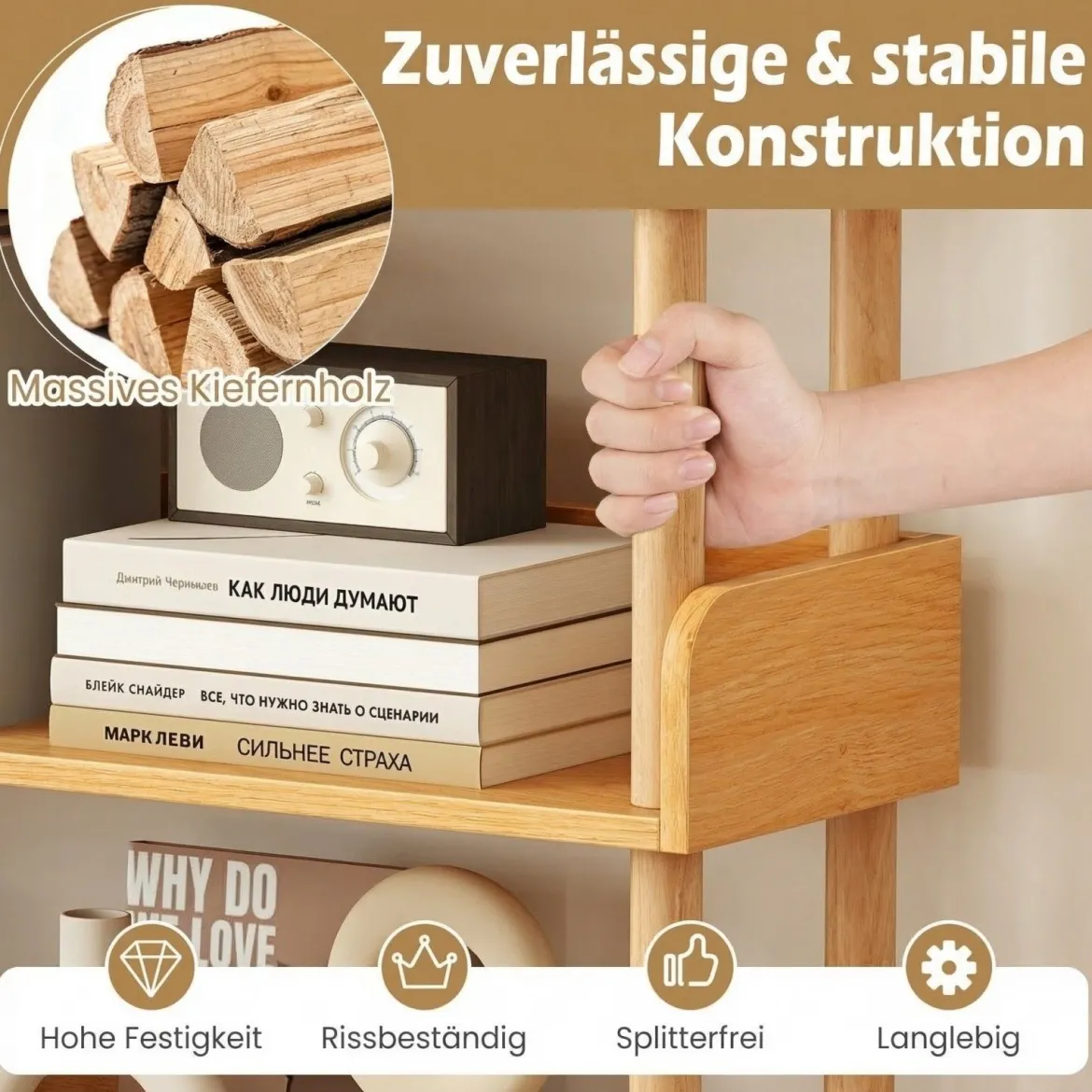 Bücherregal mit 3 Offene Ebene Holzrahmen & Oberkante Freistehendes Standregal Lagerregal