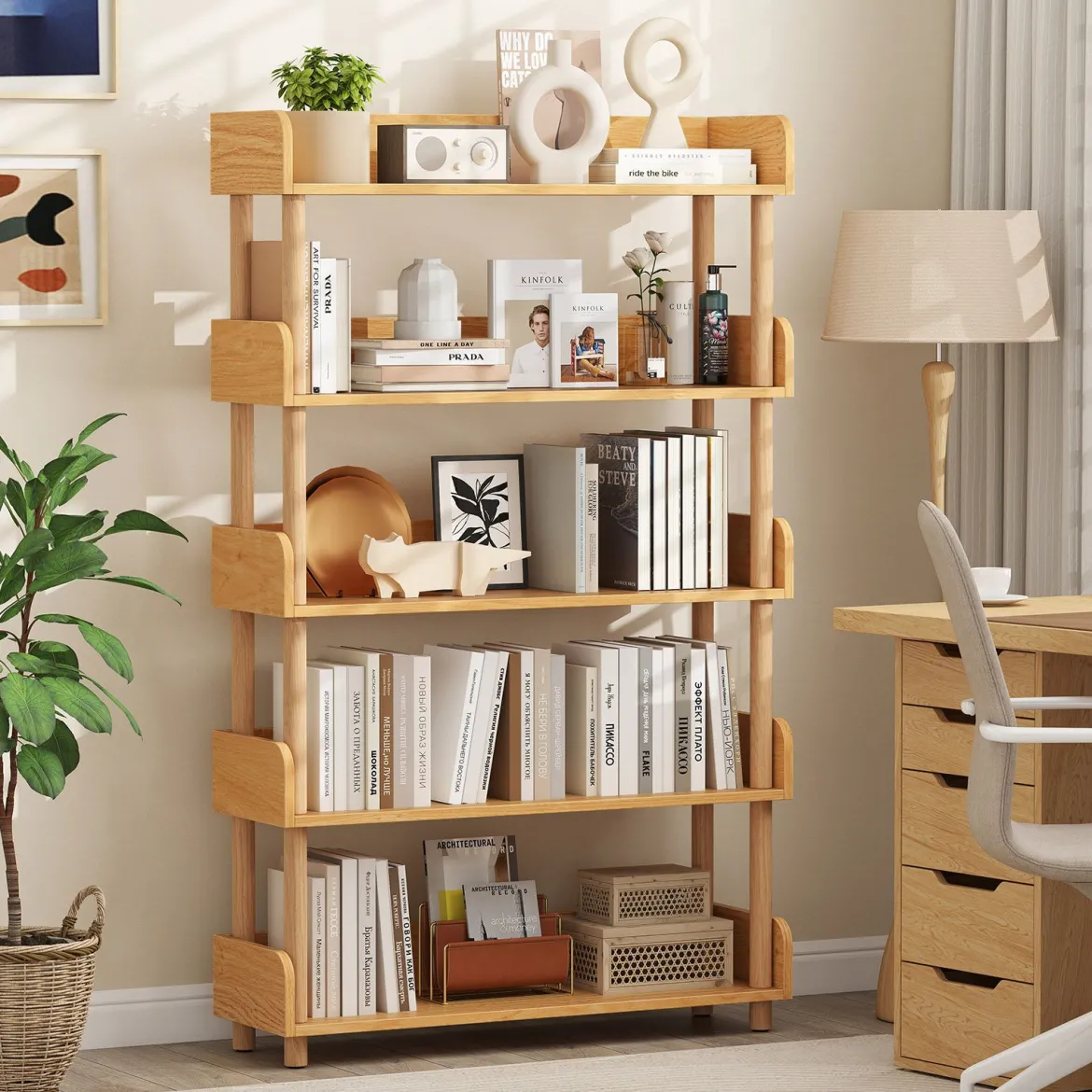 Bücherregal mit 5 Offene Ebene Holzrahmen & Oberkante Freistehendes Standregal Lagerregal