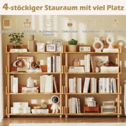 Bücherregal mit 4 Offene Ebene Holzrahmen & Oberkante Freistehendes Standregal Lagerregal