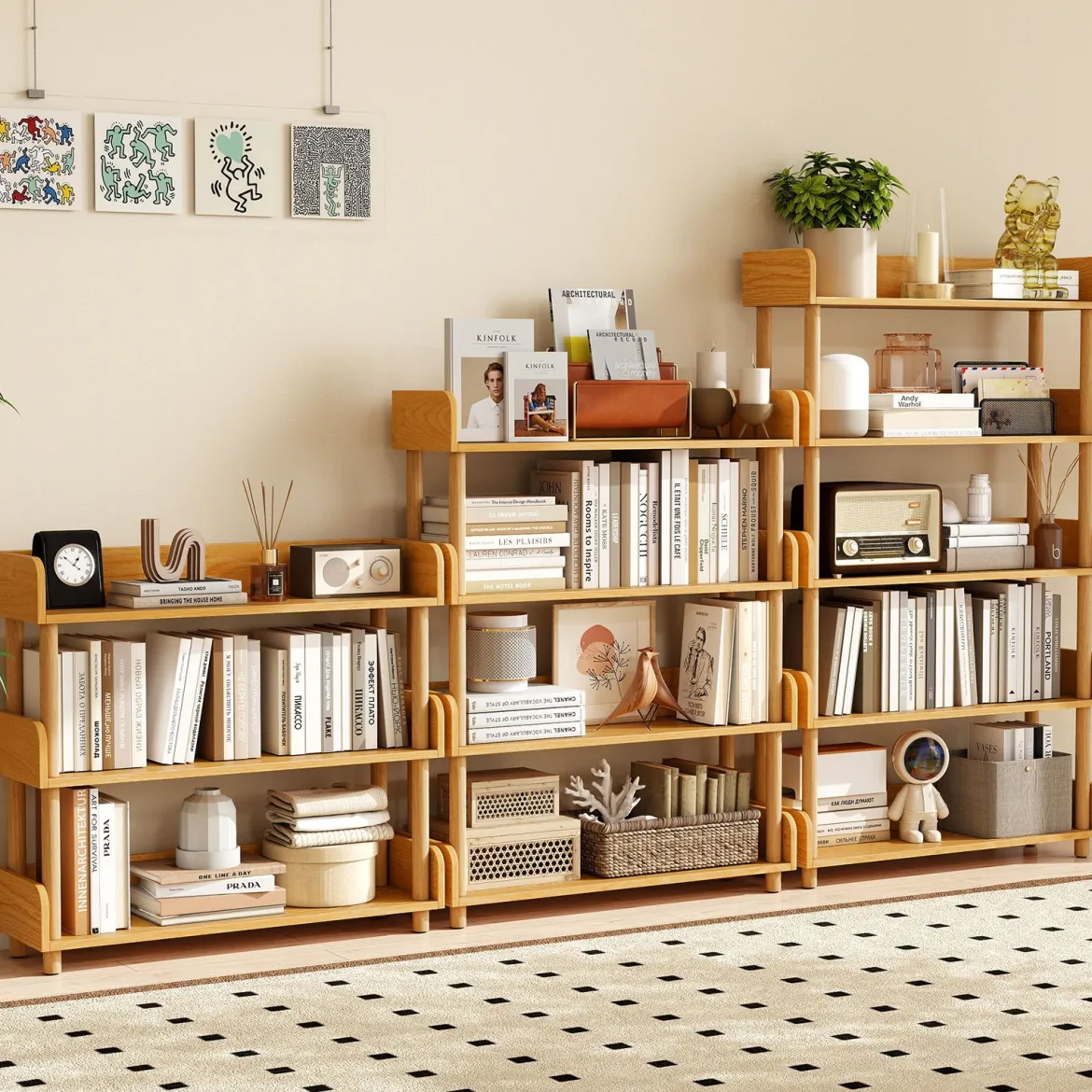 Bücherregal mit 4 Offene Ebene Holzrahmen & Oberkante Freistehendes Standregal Lagerregal