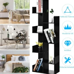 Bücherregal mit 8 offenen Fächern Bücherschrank Holz Standregal Holzregal Aufbewahrungsregal Schwarz