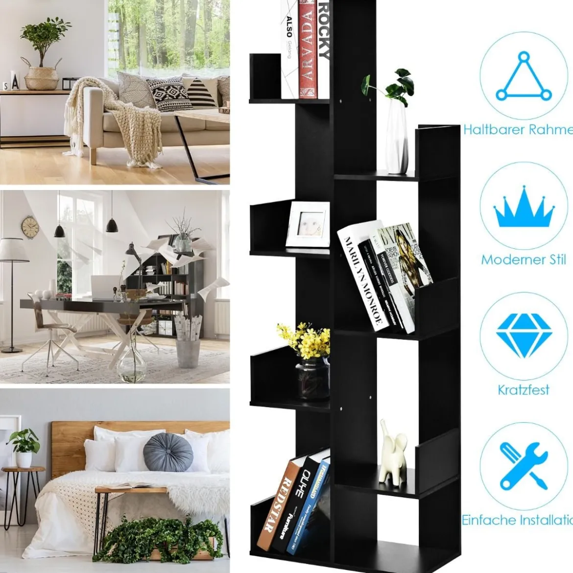 Bücherregal mit 8 offenen Fächern Bücherschrank Holz Standregal Holzregal Aufbewahrungsregal Schwarz