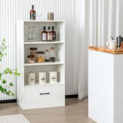 Bücherregal mit Schubladen 4 Ebenen Lagerregal aus Holz Standregal 120cm Weiß