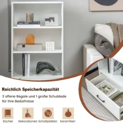 Bücherregal mit Schubladen 4 Ebenen Lagerregal aus Holz Standregal 120cm Weiß