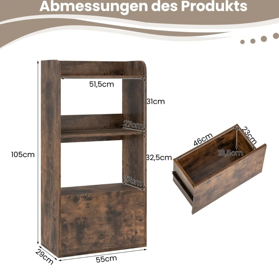 Bücherregal mit Schublade Standregal mit 2 Fächern Büroregal aus Holz 55 x 29 x 105 cm Weiß/Rustikales Braun