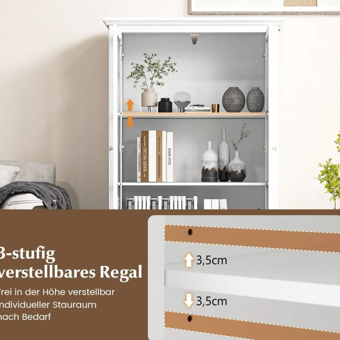 Bücherregal mit Türen aus gehärtetem Glas verstellbarem Regal Schublade & Kippschutz-Sets Weiß