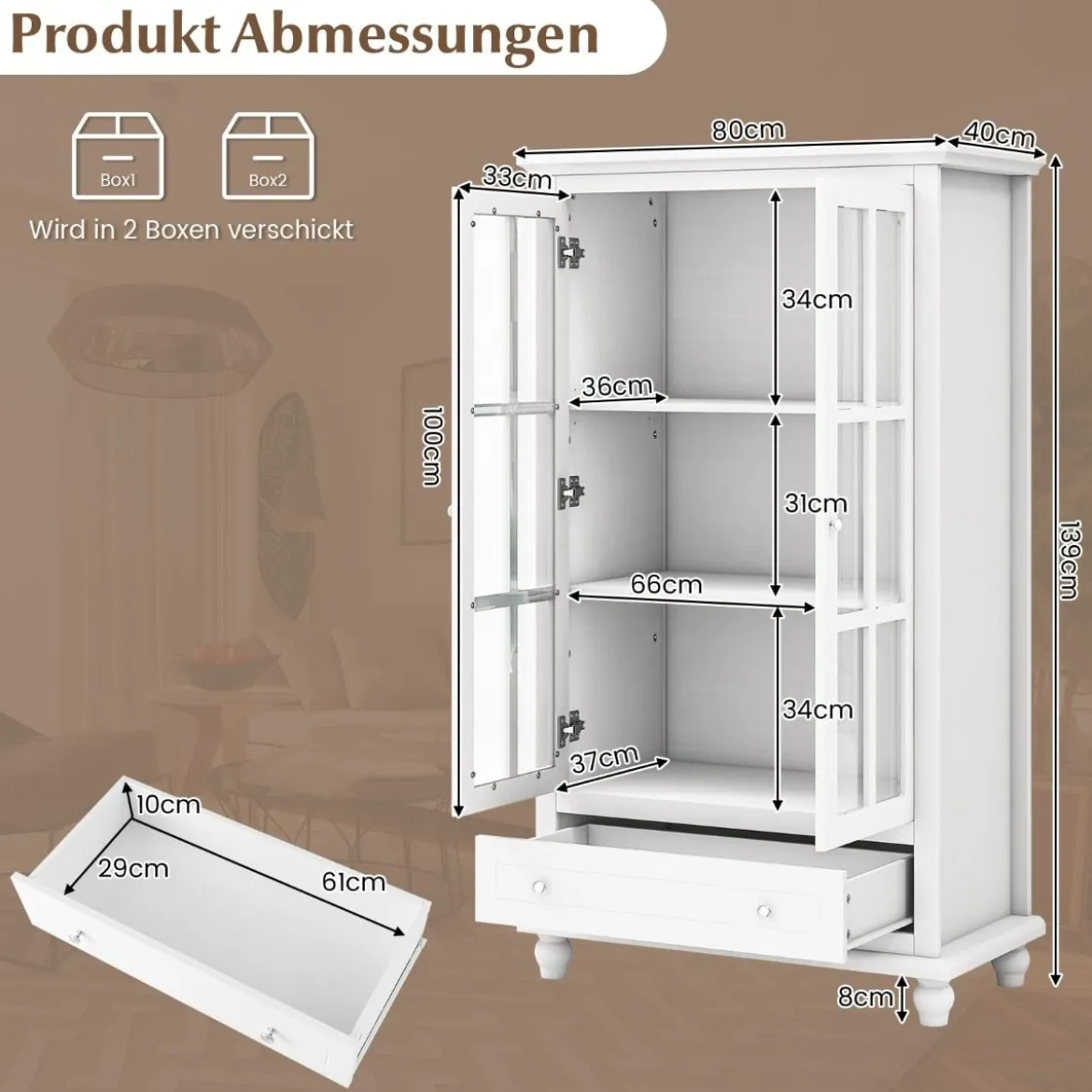 Bücherregal mit Türen aus gehärtetem Glas verstellbarem Regal Schublade & Kippschutz-Sets Weiß