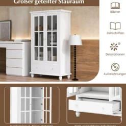 Bücherregal mit Türen aus gehärtetem Glas verstellbarem Regal Schublade & Kippschutz-Sets Weiß