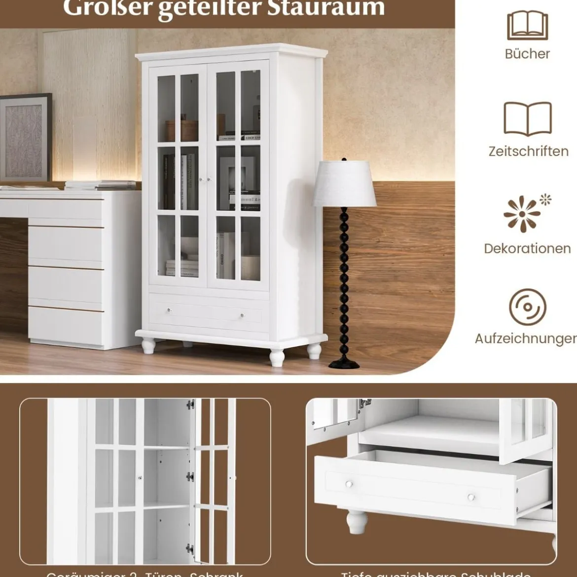 Bücherregal mit Türen aus gehärtetem Glas verstellbarem Regal Schublade & Kippschutz-Sets Weiß