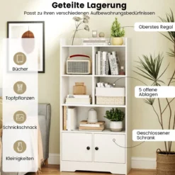 Bücherregal mit 2 Türen & 5 Fächern Bücherschrank Weiß aus Holz 60 x 29,5 x 120 cm