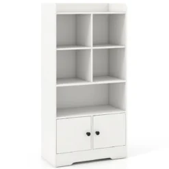 Bücherregal mit 2 Türen & 5 Fächern Bücherschrank Weiß aus Holz 60 x 29,5 x 120 cm