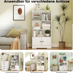 Bücherregal mit 2 Türen & 5 Fächern Bücherschrank Weiß aus Holz 60 x 29,5 x 120 cm