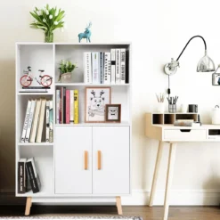 Bücherregal mit Türen und offenes Fächern Bücherschrank Sideboard Kommode Standregal 80 x 24 x 119 cm Weiß