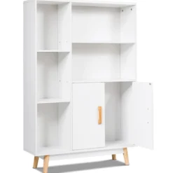 Bücherregal mit Türen und offenes Fächern Bücherschrank Sideboard Kommode Standregal 80 x 24 x 119 cm Weiß
