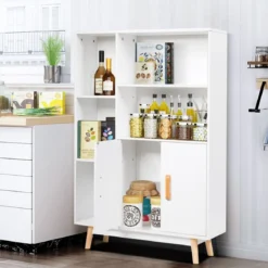 Bücherregal mit Türen und offenes Fächern Bücherschrank Sideboard Kommode Standregal 80 x 24 x 119 cm Weiß