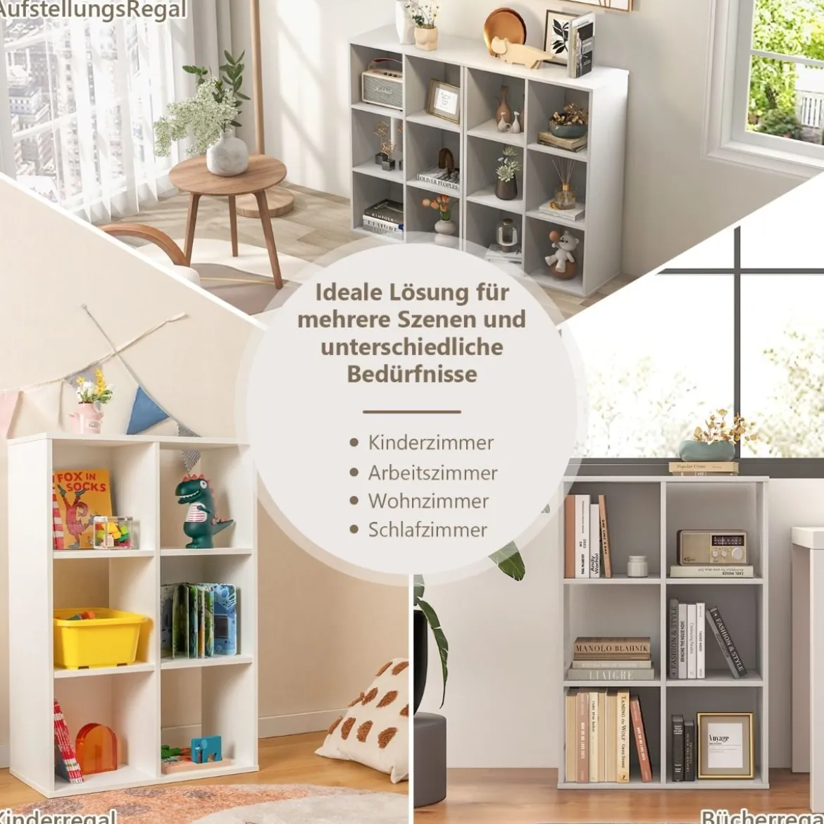 Bücherregal mit 6 Würfeln 4-stufiges Ablageregal mit 2 Kippsicherungen Weiß