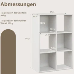 Bücherregal mit 6 Würfeln 4-stufiges Ablageregal mit 2 Kippsicherungen Weiß