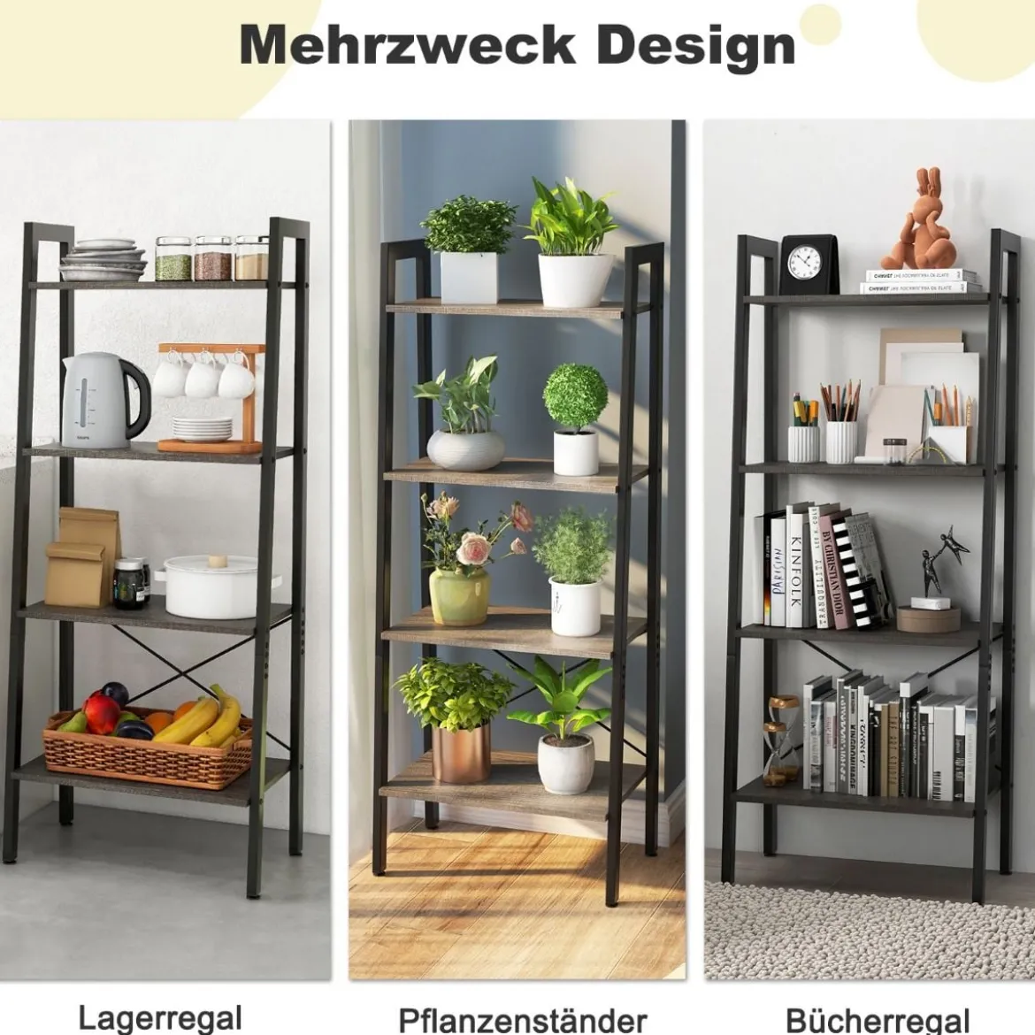 Bücherregal Regal mit 4 Ebenen Leiterregal Holz mit Kippsicherungen & verstellbaren Fußpolstern Dunkelbraun