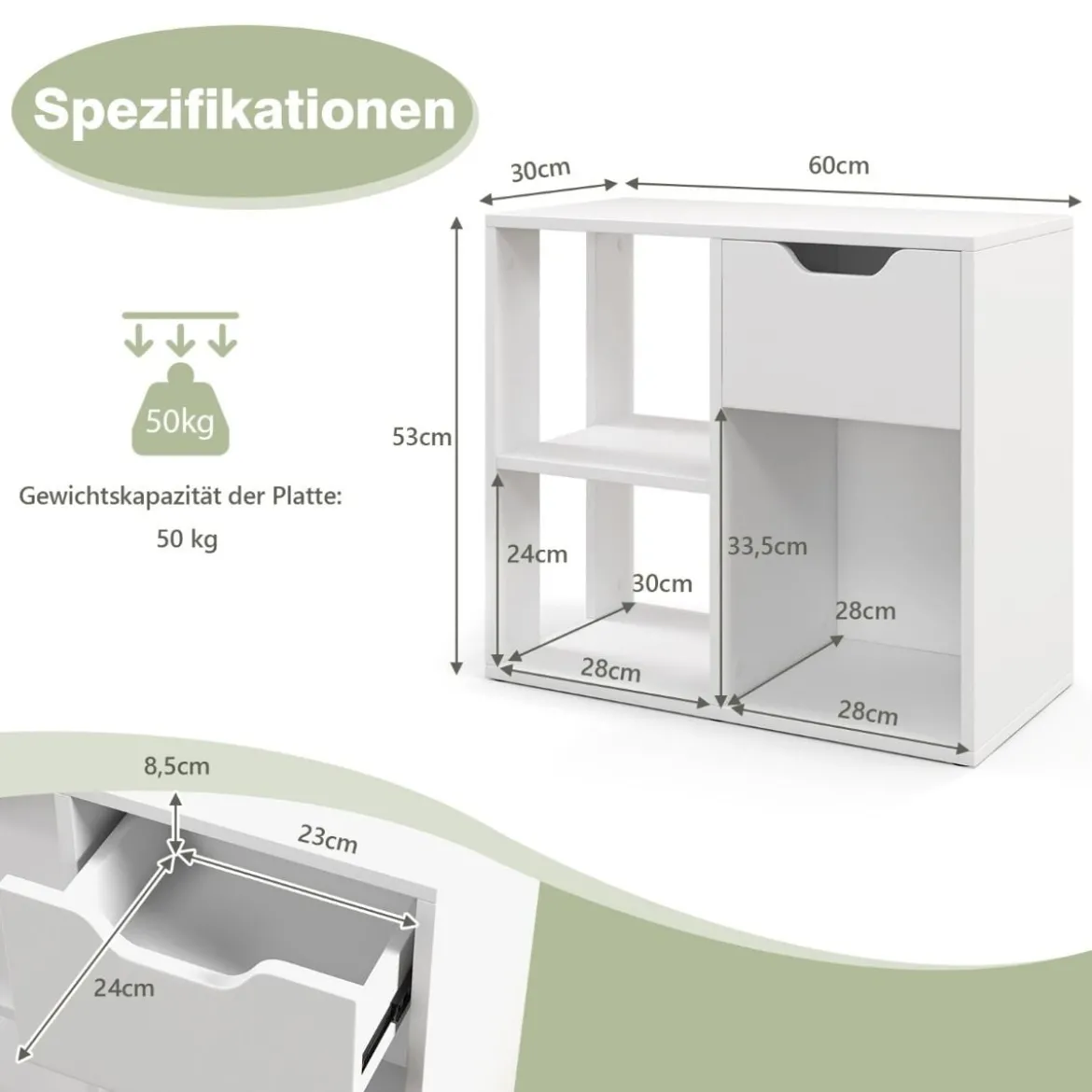 Bücherregal Regal Würfelregal mit Schublade und 3 Fächern Büroregal Holz Weiß 60 x 30 x 53 cm
