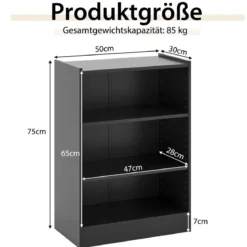 Bücherregal Standregal mit 3 Fächern Regal mit verstellbaren Regalen Schwarz 50 x 30 x 75 cm