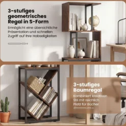 Bücherregal Standregal mit 3 offenen Ebenen & baumförmiges Regal platzsparendes Eckregal 39,5 x 25 x 122cm Rustikales Braun