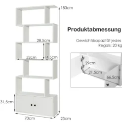 Bücherregal Standregal mit Türen 183 x 70 x 23 cm Raumteiler Regal mit 5 Ebene