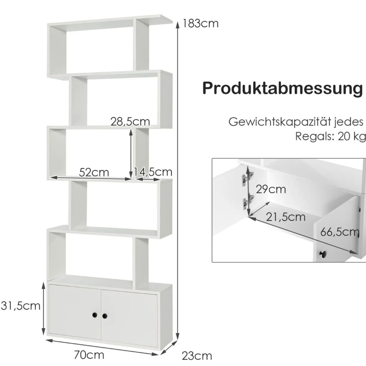 Bücherregal Standregal mit Türen 183 x 70 x 23 cm Raumteiler Regal mit 5 Ebene