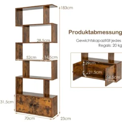 Bücherregal Standregal mit Türen 183 x 70 x 23 cm Raumteiler Regal mit 5 Ebene