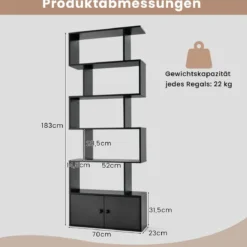 Bücherregal Standregal mit Türen 183 x 70 x 23 cm Raumteiler Regal mit 5 Ebene